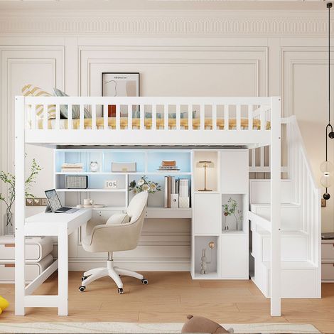 Lit mezzanine 140x200 cm - avec éclairage LED - avec échelle de rangement - avec étagères - avec bureau - Blanc (matelas non inclus)