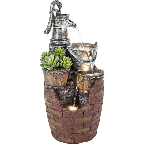Rustikaler 4-stufiger Gartenbrunnen mit LED-Beleuchtung, Pflanztopf und Pumpe, verstellbar, 34 x 31 x 76 cm