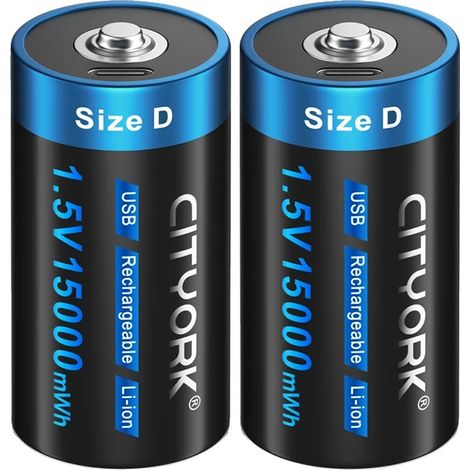 Batería recargable tamaño D, carga USB, capacidad de 15000 mWh, 2 unidades. (1/2)