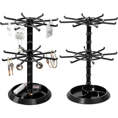Sollbry Lot de 2 Présentoir Bijoux Rotatif à 2 Niveaux, Support Collier Plastique Noir, Organisateur Boucles d’Oreilles Bracelets Bagues Porte-Clés，Rotatif (1/5)