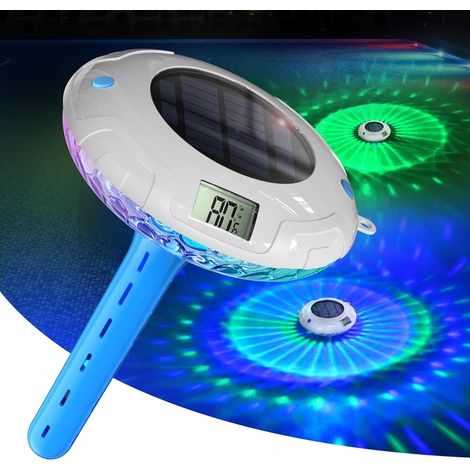 Solarbetriebene Poolleuchte mit zwei LCD-Bildschirmen, gut ablesbarem, schwimmendem Poolthermometer, 8 dynamischen Lichteffekten und wasserdichtem Digitalthermometer (IPX7).