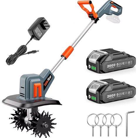 Motoculteur électrique rotatif, petite bineuse agricole, ameublisseur de sol et désherbeur, pour la préparation du sol et le désherbage (2 batteries)
