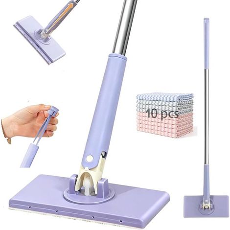 Balai-serpillère visage - Poignée à ouverture et fermeture automatiques - Pince à linge - Mini balai - Rotation à 360° - Manche de 90 cm + 10 lingettes de rechange - Pour sols, murs, cuisine et salle (1/5)