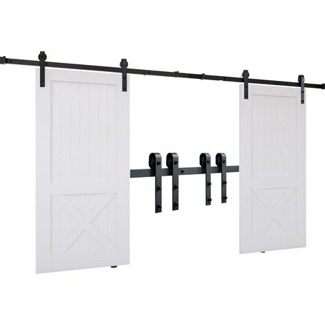 Kit de tringle à porte de grange coulissante 243,8 cm, capacité 149,7 kg, pour double portes, adapté à une largeur totale de 112-131 cm et épaisseur de 3,3-4,6 cm, avec poulies silencieuses (forme J). (1/5)
