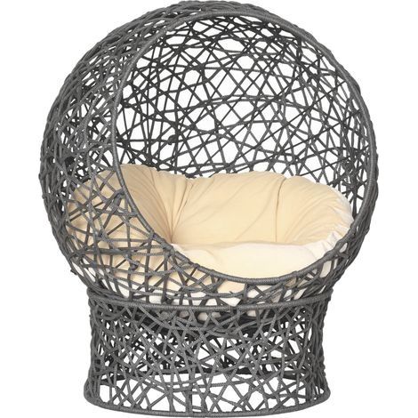 Lit surélevé pour chat en forme de grotte, 50 x 50 x 60 cm, avec coussin moelleux inclus, couleur crème, corde en polyester violette (1/5)