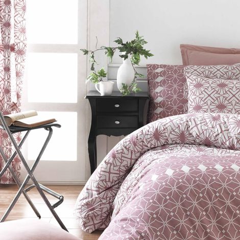 Parure housse de couette + 2 taies d'oreiller 240x220 Rose Blanc