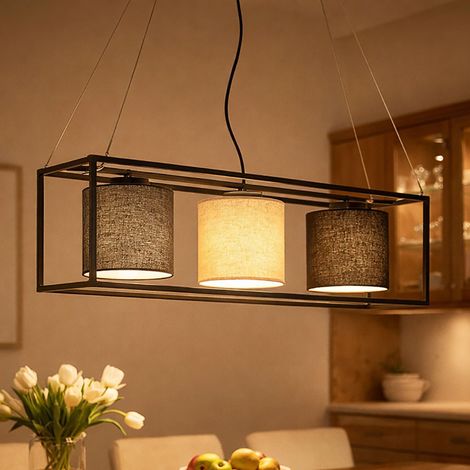 Lampada a sospensione Lampada a sospensione in lino con struttura in metallo Lampada per sala da pranzo a 3 lampadine, nero grigio beige, prese E27, LxLxH 90x20x160 cm