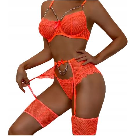 Wunderschönes Damenunterwäsche-Set: BH, String, Strumpfhalter, Gürtel, Orange, Größe M