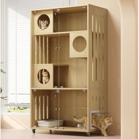Gabbia per gatti 90x50x166 cm in MDF e vetro naturale, con serratura, da salotto – MEUBLIV (1/5)