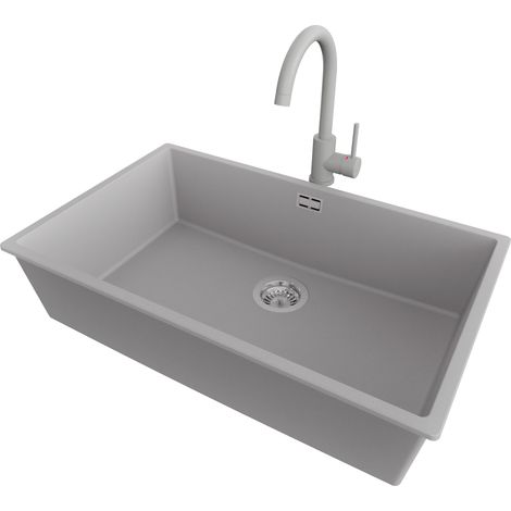 PRIMAGRAN Evier Cuisine en Granit 76x47cm,Lavabo 1 bac + Robinet 32x20cm + Kit de Vidage, Évier à Encastrer au meuble 80cm - London Slim, Gris (1/5)