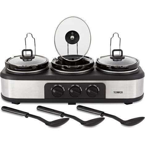 Tower T16015 Three Pot Slow Cooker with Independent Temperature Controls, Keep Warm Function, 4.5L, Stainless Steel,Black (1/5)