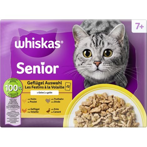 Whiskas Multipack Senior 7+ Geflügelauswahl in Gelee Katzenfutter 12 x 85 g (1/3)