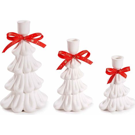 Candelabri natalizi a forma di albero con fiocco rosso in porcellana opaca set 3 pezzi (1/2)