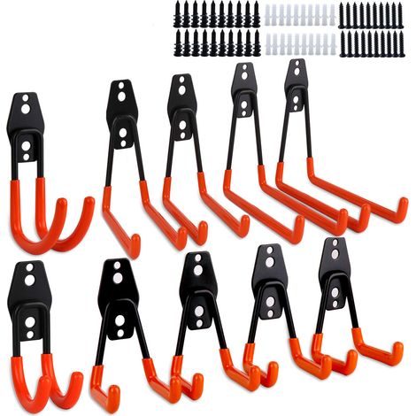 Lot de 10 crochets de garage doubles en acier pour rangement mural robuste pour organiser échelle, outils électriques, articles en vrac, pelle, cordes (1/5)