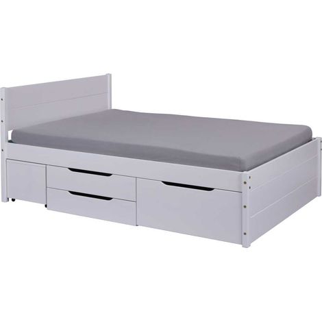 Lit 180x200 cm avec chevet et tiroirs en pin blanc vernis - FETY (1/5)