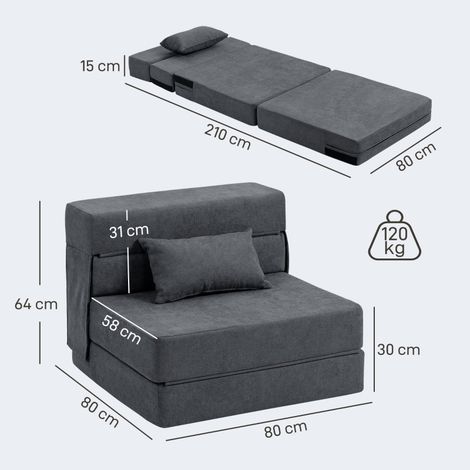 Canapé-lit 3-en-1 convertible, fauteuil relaxant avec fonction lit, coussin lombaire, chaiselongue en tissu molletonné gris foncé pour salon, pliable et gain de place (1/5)