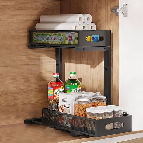 Bardusch - Rangement Sous Evier En métal, Organisateur Évier à 2 Étages avec Tiroir Coulissant pour Cuisine, Salle de Bain, Réglable en hauteur- Noir. (1 Pièce) (1/4)