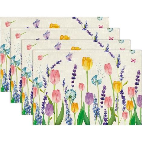 4 Set de Table Printemps 30x45cm, Fleurs et Papillons Set de Table Lavable, Tulipe Lavande Chemin de Table Lin pour Fête, Pâques (B)