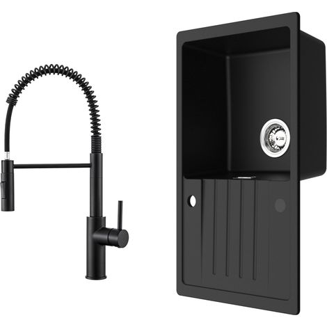 Fregadero de cocina fregadero de granito negro antracita 78x45 cm con escurridor + grifo de cocina con resorte negro con 2 tipos de chorro 480 mm (1/5)