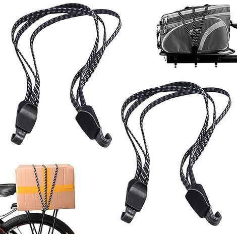Packung mit 2 flachen Hakenbändern, verstellbares elastisches Fahrradseil, 65 cm Gummibänder, zum Tragen, Verpacken und Sichern von Lasten, Schwarz.