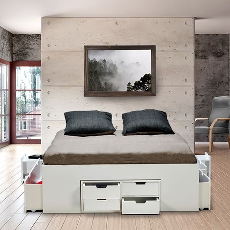 Le Quai Des Affaires – Lit double JAZZ 160x200 cm – 7 tiroirs – 2 chevets – Structure en panneau de particules – Coloris blanc – À monter soi-même