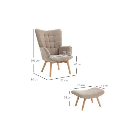 Fauteuil relax avec ottomane, en toile cord, avec pieds en bois, fauteuil de salon couleur khaki (1/5)