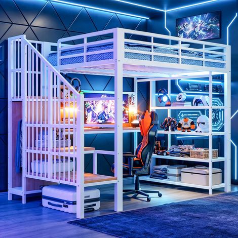 Lit mezzanine enfant 140x200cm avec ruban LED et bureau,panneau perforé,métal lit superposé avec étagère triangulaire,étagères,Cadre de lit ado,blanc (1/5)