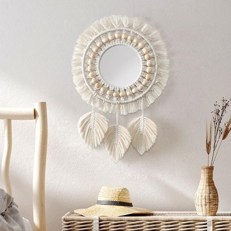 Miroir Mural à Franges en macramé, Pendentif en Plumes de Perles de Bois Miroir Rond d'art Mural pour Couloir De Chambre à Coucher Salon(Beige) (1/5)