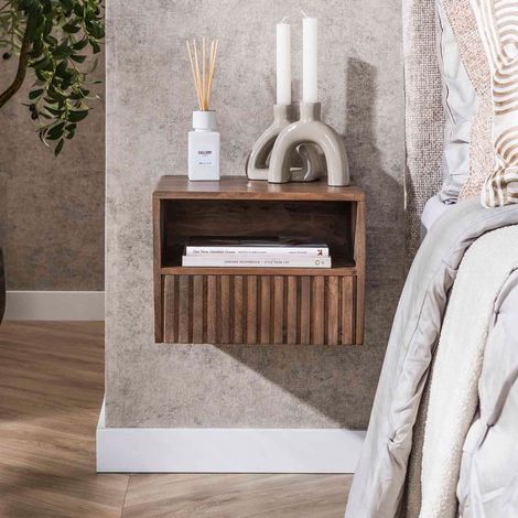 Chevet suspendu 1 tiroir 1 niche 35x25 cm en acacia brun foncé - KIRVE