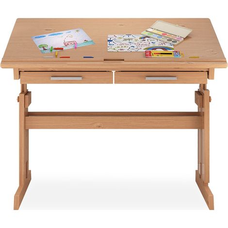 Idimex – Bureau enfant réglable 66-100 cm – Plateau inclinable 0-32° – 2 tiroirs de rangement – Pin massif lasuré couleur hêtre (1/6)