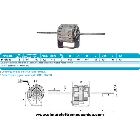 RPM 11006308 Motore 385 W BIALBERO 3 Velocità aspiratore Fan Coil