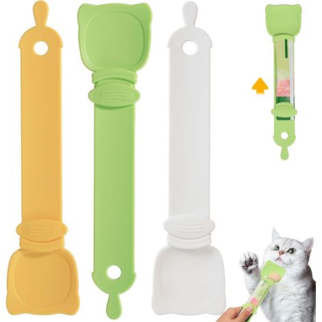 Cuillère-presse pour friandises pour chats avec curseur, distributeur coulissant pour sachets de friandises (type purée ou bisque à lécher), lot de 3, adapté aux chatons et aux petits animaux. (1/5)