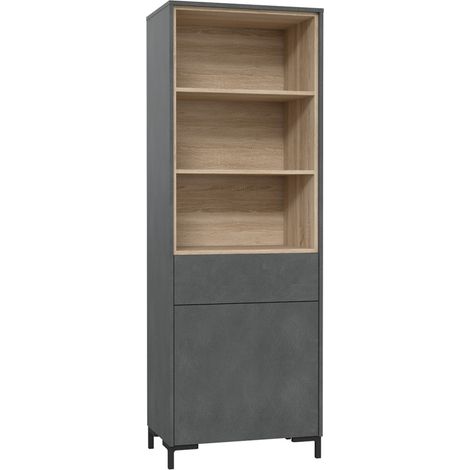 Étagère haute décor béton gris chêne clair et pieds noir - MADDY (1/5)