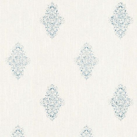 Papier peint blanc intissé effet textile Tapisserie murale blanche à motif bleu métallique Papiers peints baroque parfait pour couloir (1/4)