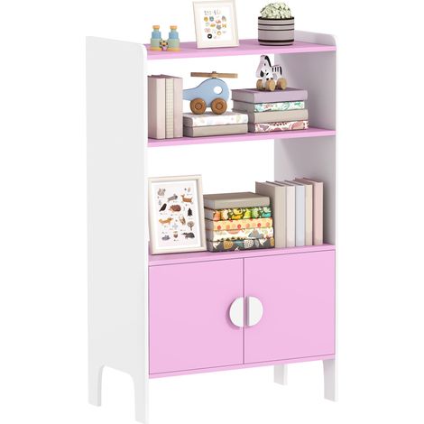 Kinderregal mit 2 Regalböden und 2 Schränken, kippsicher, rutschfeste Füße, rosa-weißes MDF, Aufbewahrungseinheit fürs Schlafzimmer