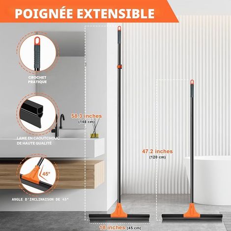 JEHONN Balai Raclette Sol avec Manche Long 148 cm, Laveur pour la Salle de Bain, Cour, Garage, Douche, Terrasse, Fenêtre (1/4)
