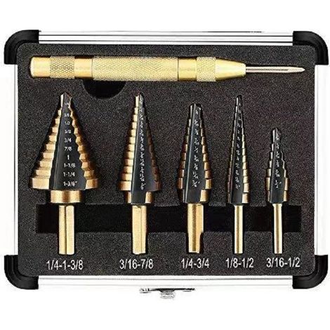 Foret Étagé 5PCS avec Poinçon Central Automatique et Foret Hélicoïdal - Coupe Conique Double Fente Revêtu de Titane (1/4)