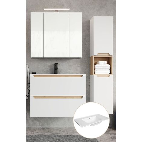 Badmöbel Set Hochglanz weiß mit Trüffel-Buche SOFIA-107 Keramikbecken & 85cm LED-Spiegelschrank, B/H/T ca. 120/200/46 cm (1/5)