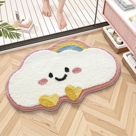 Tapis de bain rose, 50 x 80 cm, antidérapant et mignon, motif nuages, en microfibre douce, absorbant et lavable en machine, idéal pour la salle de bain, la cuisine et la chambre. (1/5)