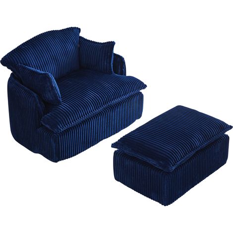 Sillón compacto comprimido con puff de tejido efecto terciopelo azul (1/5)