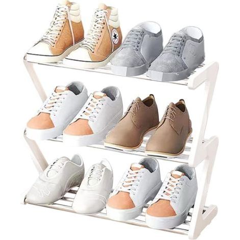 Petite étagère à chaussures à 3 étages- Petite étagère à chaussures - Rangement à chaussures stable et étroit- Organiseur de rangement pour entrée de placard, couloir, montage rapide - blanc (1/5)