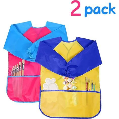 Set mit 2 Kinder-Malschürzen, Bastelkitteln für Kinder von 2-7 Jahren, wasserdichte Langarmschürze mit drei Taschen (1/5)