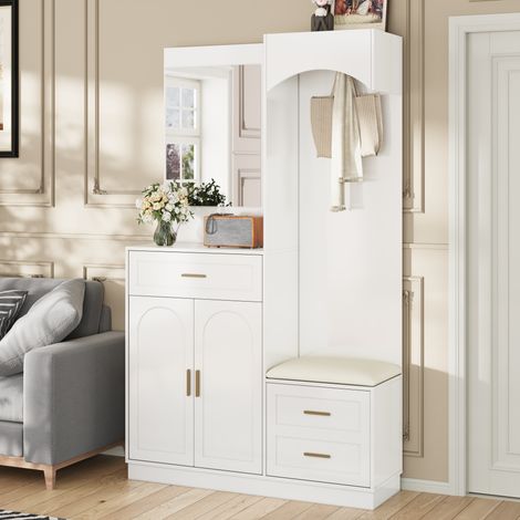 Modernluxe – Ensemble de meubles d'entrée 110x33x185.5 cm – Meuble à chaussures avec miroir et banc – Étagères réglables en MDF – Blanc (1/5)