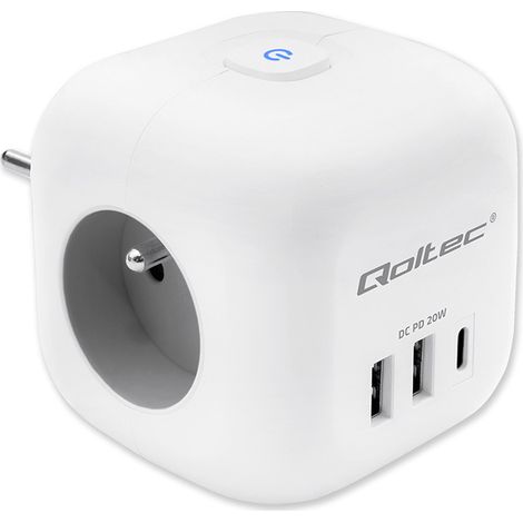Qoltec 6-in-1-Netzteilwürfel mit beleuchtetem Schalter  3x Netzanschluss  2x USB  1x USB-C PD 20W  Weiß (1/5)