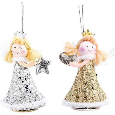 Lot de 2 pendentifs de Noël en forme de cœur et de pentagramme, représentant un ange et une fillette. Décoration murale festive pour les fêtes de Noël (doré et argenté).-11X6.5cm