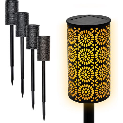 LED Solar Gartenfackel mit Blumen Muster 49 x 7 cm - 4er Set - Wegeleuchte mit realistischem Flammeneffekt