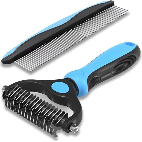 2 Piece Dog Cat Brush Professional Hair Detangling Comb Stainless Steel Teeth TPR Handle 2-in-1 Anti-Static Detangling Comb - Removes Dead Hair, Knots and Dandruff (Blue) (1/5)