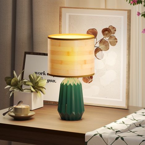 Lampe de table vert naturel avec base en céramique et abat-jour en lin style rétro pour chambre 40W en bois et