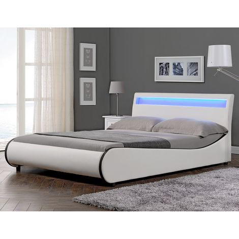 Letto Francese Imbottito Curvo 140x200 cm Testiera Alta con Illuminazione a LED Similpelle Bianco Corium (1/5)