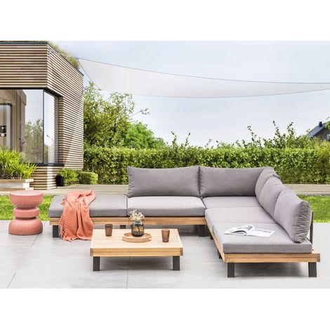Conjunto de jardín con sofá esquinero modular y mesa de centro de madera de acacia certificada cojines de poliéster gris Frazzano (1/5)